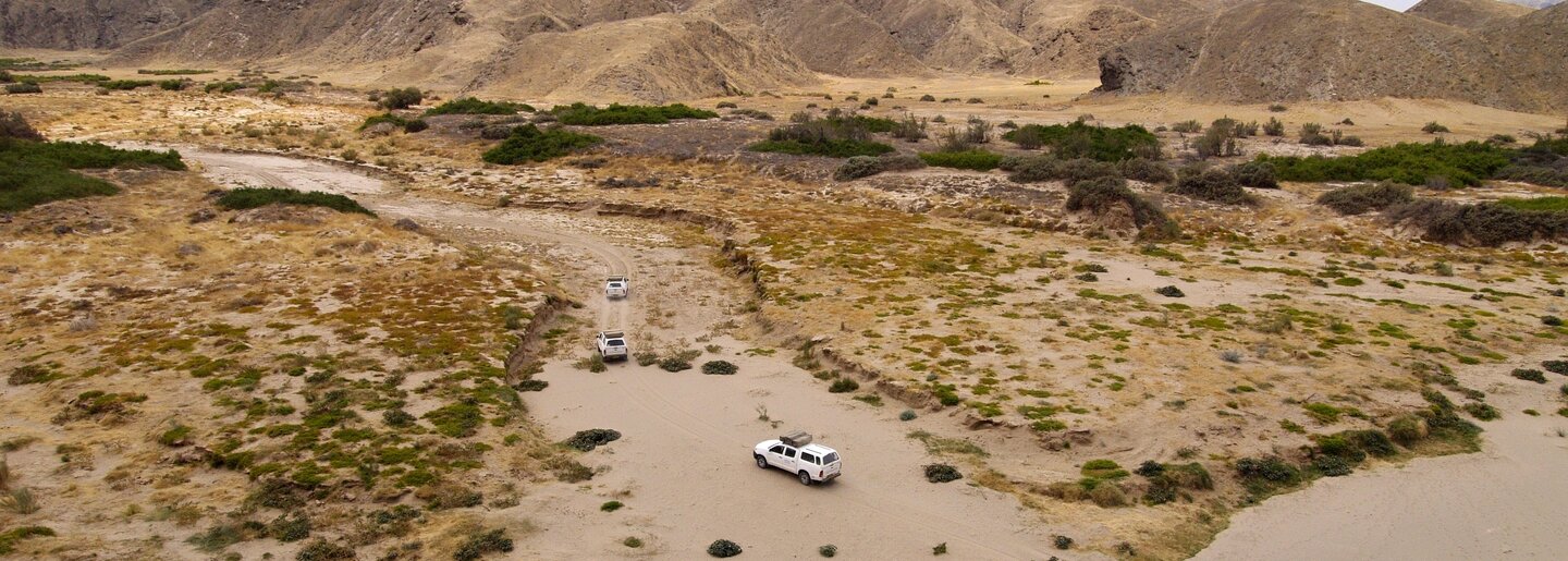 Eine Gruppe von Fahrzeugen passieren ein Bergabschnitt mit vielen Sträuchern. Offroad Namibia | © 4x4 Exploring GmbH